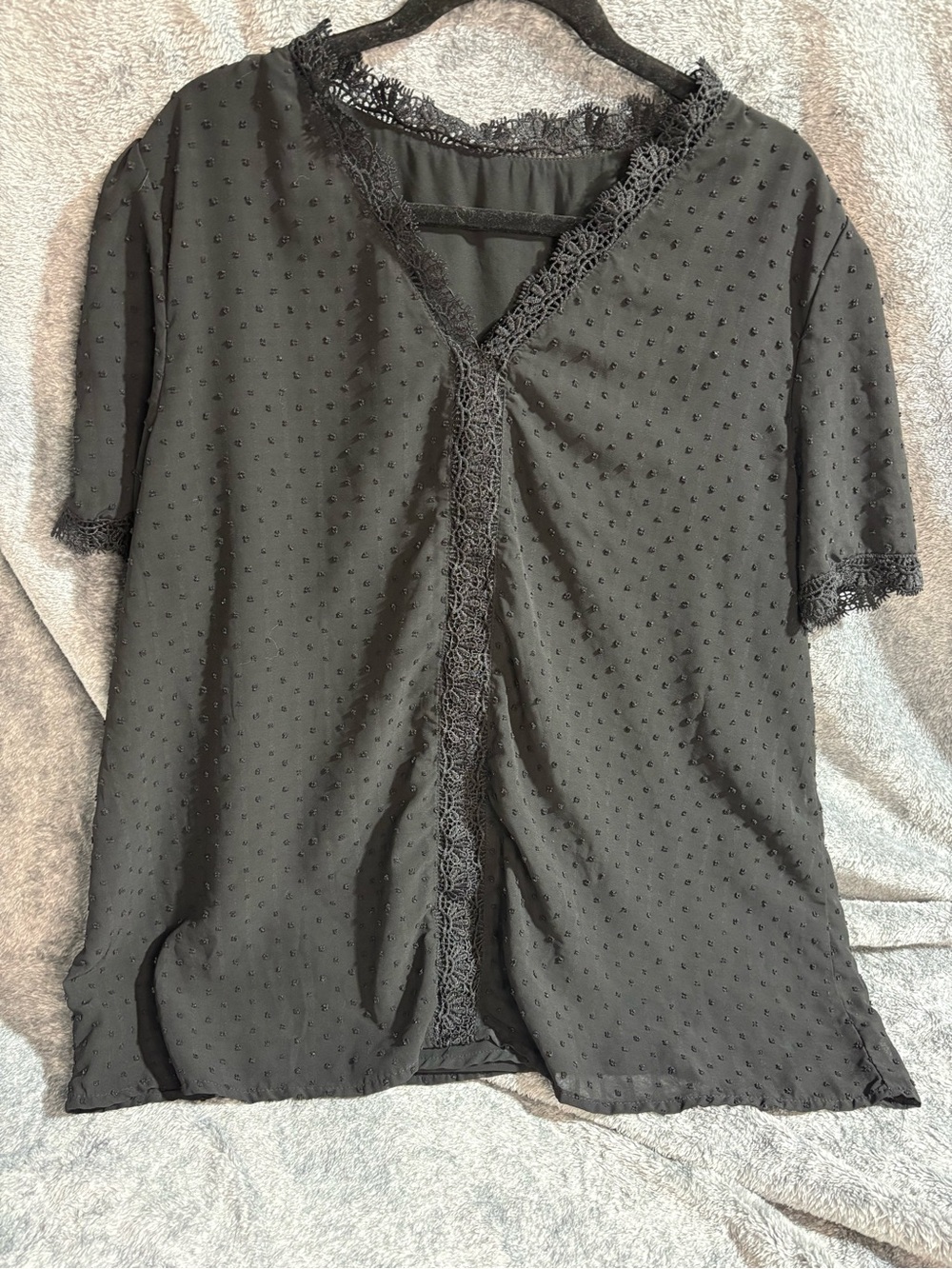 Women's Black Swiss Dot Lace-Trim Blouse